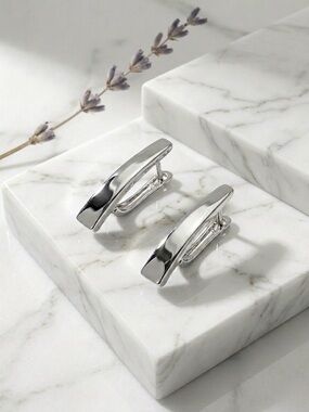 Platinum Plated Silver Tone Curved Bar Earrings | Minimalist Elegant Jewelry